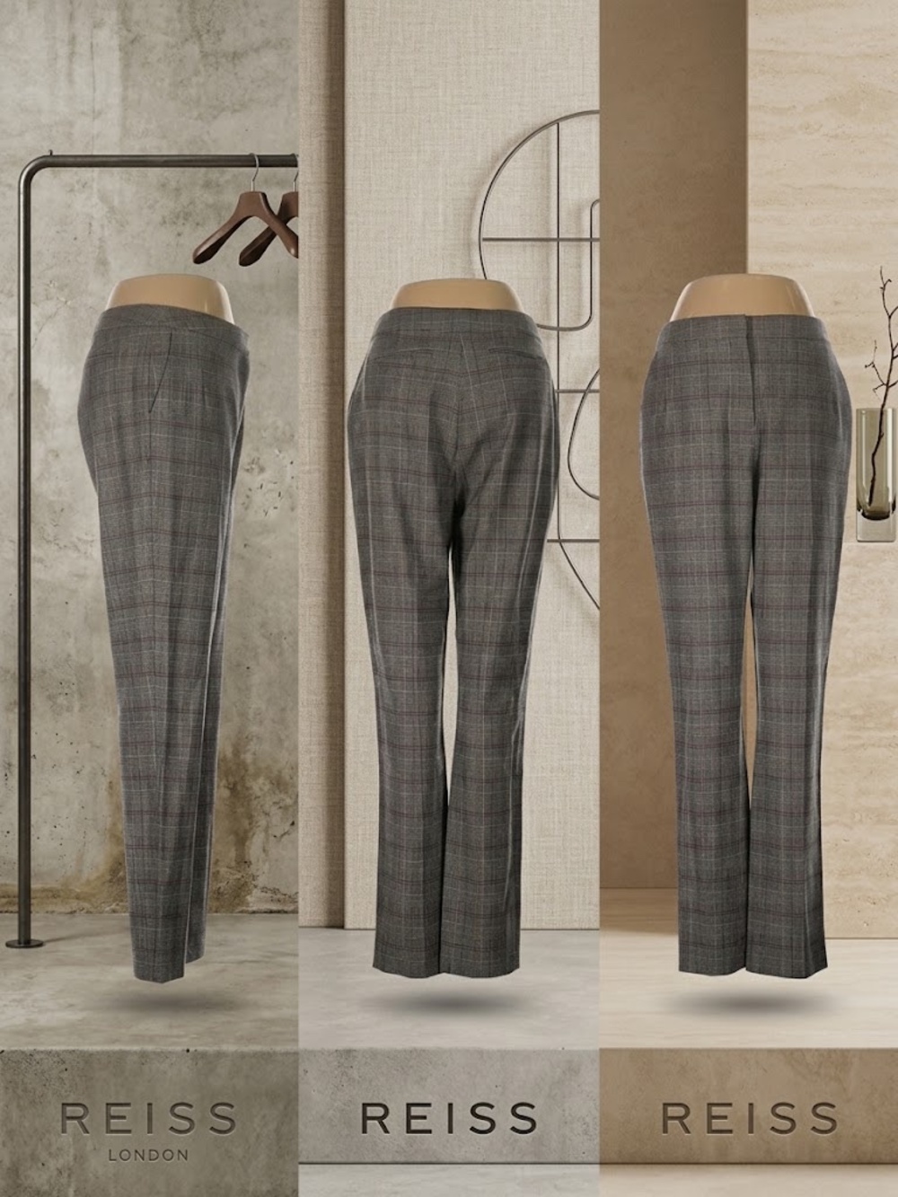 REISS Musk Wool Blend Plaid Trouser Pants Sz 6 US Grey Prince of Wales Check